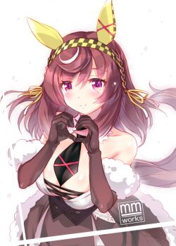 1girl animal_ears bare_shoulders black_corset blush braid breasts brown_dress brown_hair buena_vista_(umamusume) checkered_hairband cleavage closed_mouth collarbone corset dress ear_covers elbow_gloves gloves hair_between_eyes hairband heart heart_hands horse_ears horse_girl horse_tail juusensha_koubou large_breasts looking_at_viewer medium_hair necktie purple_eyes red_necktie smile solo tail umamusume
