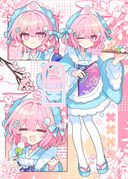 1girl :3 :d absurdres apron blue_kimono blue_sandals blue_sash blush bright_pupils closed_eyes closed_mouth commentary dango food frilled_apron frilled_kimono frills full_body hair_between_eyes hand_up hands_up heart highres holding holding_food holding_tray index_finger_raised japanese_clothes kimono long_sleeves looking_at_viewer maid_headdress multiple_views open_mouth pantyhose pink_eyes pink_hair qr_code saigyouji_yuyuko sandals sanshoku_dango sash shirocha_tei short_hair smile sparkle standing symbol-only_commentary touhou tray triangular_headpiece twitter_username wagashi watermark white_apron white_pantyhose white_pupils wide_sleeves