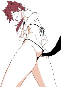 1boy absurdres anal_beads anal_tail ass back bikini black_bikini butt_plug cat_boy cat_tail clenched_teeth fake_tail from_below green_eyes highres lauren_iroas long_hair looking_back male_focus nijisanji omiyacha red_hair simple_background solo standing swimsuit tail teeth thong virtual_youtuber white_background