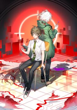 Rule 34 | 2boys, absurdres, back-to-back, black pants, breast pocket, brown hair, brown shoes, chair, chinese commentary, closed mouth, collared shirt, commentary request, danganronpa (series), danganronpa 2: goodbye despair, different shadow, expressionless, full body, glass shard, green eyes, green necktie, highres, hinata hajime, holding glass shard, hood, hood down, hooded coat, jingzhongyin, kamukura izuru, komaeda nagito, long sleeves, male focus, multiple boys, necktie, on chair, pants, pocket, popsicle stick, shirt, shoes, short hair, short sleeves, sitting, sneakers, tsurime, white hair, white shirt, white shoes, wing collar