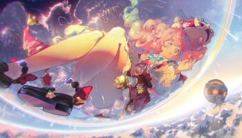 1girl absurdres bell beret black_shoes blue_sky bow commentary dress drill_hair english_commentary floral_print green_eyes hat highres honkai:_star_rail honkai_(series) hyacine_(honkai:_star_rail) kephale_(honkai:_star_rail) ledlentsea long_hair mountain mountainous_horizon pantyhose pegasus pink_hair puffy_sleeves shoes sky star_(sky) twin_drills