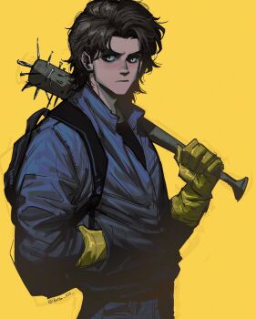 Rule 34 | 1boy, backpack, bag, baseball bat, black bag, black shirt, blue jacket, brown eyes, closed mouth, collared jacket, commentary, cowboy shot, english commentary, gloves, hand in pocket, highres, holding, holding baseball bat, holding weapon, jacket, long sleeves, looking to the side, male focus, medium hair, parted hair, rubber gloves, shirt, sideways glance, simple background, solo, spiked bat, steve harrington, stranger things, tatsu (tatsumccree), thick eyebrows, weapon, yellow background, yellow gloves