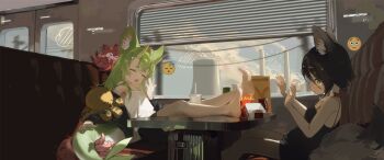 Rule 34 | 1other, 2girls, animal ear fluff, animal ears, bag, bike shorts, black hair, black jacket, black shorts, black tank top, blush, booth seating, box, burger, closed eyes, cloud, collar, cooling tower, cup, drink, drinking straw, emoji, fast food, feet on table, fins, fish tail, flushed face emoji, food, french fries, green eyes, green hair, highres, horns, jacket, legs, legs on table, long hair, mcdonald's, multiple girls, neko blow, nervous, octopus plushie, off-shoulder jacket, off shoulder, open mouth, paper bag, power lines, restaurant, rolling suitcase, short hair, shorts, sky, soles, steam, suitcase, sunlight, table, tail, tank top, tentacles, tired face emoji, toes, white tank top, window, window blinds, yawning