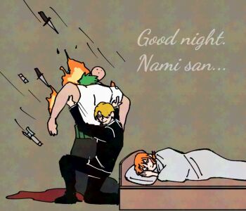 1girl 2boys black_suit blonde_hair carrying carrying_person cigarette commentary english_text facial_hair formal_clothes goatee green_hair hair_over_one_eye knife multiple_boys nami_(one_piece) one_piece orange_hair roronoa_zoro sanji_(one_piece) scottish_fold12 shirt short_hair sleeping smile suit symbol-only_commentary t-shirt white_shirt