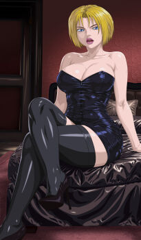 1girl bedroom bible_black black_dress blonde_hair blue_eyes breasts curvy door dress huge_breasts kitami_reika lipstick makeup night short_hair witch