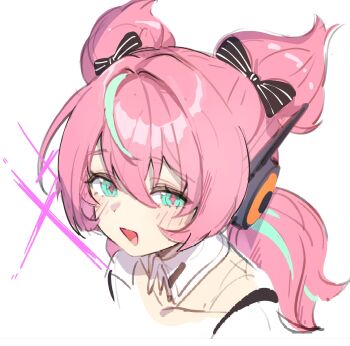 1girl :d aqua_hair aqua_streaks aria_(zenless_zone_zero) black_bow bow green_eyes hair_between_eyes hair_bow highres kkochmanyeo multicolored_hair open_mouth pink_hair portrait simple_background smile solo streaked_hair white_background zenless_zone_zero