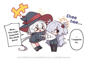 >_< 2girls afterimage blue_archive blush chibi closed_eyes commentary crossed_bangs donmin_h english_commentary english_text eri_(blue_archive) grey_hair hair_between_eyes hair_over_one_eye halo handshake hat kanoe_(blue_archive) long_hair long_sleeves low_ponytail multiple_girls no_nose official_art orange_halo pantyhose pleated_skirt ponytail shirt shoes skirt smile socks speech_bubble standing two_side_up very_long_hair white_shirt witch_hat