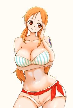 1girl arm_tattoo arm_under_breasts breasts cleavage collarbone commentary_request cowboy_shot crop_top cutterhappa highres large_breasts long_hair nami_(one_piece) navel one_piece orange_eyes orange_hair short_shorts shorts sideways_glance simple_background solo stomach tattoo thighs twintails very_long_hair white_background white_shorts
