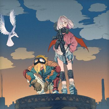 Rule 34 | 1boy, 1girl, absurdres, assault rifle, bird, blonde hair, cloud, expressionless, eyepatch, gas mask, gloves, goggles, goggles on head, grey hair, gun, hands in pockets, highres, jacket, knee guards, koze niire, looking at viewer, makaino ririmu, mask, mask pull, multicolored hair, nijisanji, outdoors, pink hair, red eyes, red wings, rifle, skirt, sky, squatting, standing, sweater, twilight, two-tone hair, uzuki kou, virtual youtuber, weapon, wings
