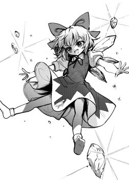 1girl cirno dress greyscale hair_ribbon highres ice ice_wings monochrome neck_ribbon open_mouth ribbon short_hair short_sleeves smile solo suna_(s73d) touhou wings