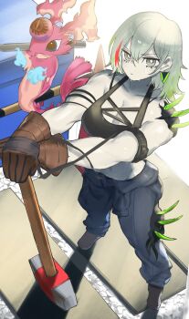 1girl breasts cleavage closed_mouth colored_tips commentary_request cowboy_shot diabellstar_the_black_witch dougaku_(passionpit777) duel_monster green_hair grey_eyes grey_hair highres large_breasts medium_hair multicolored_hair muscular muscular_female navel pale_skin simple_background snake-eyes_poplar thighs yu-gi-oh!