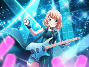 1girl asahi_rokka asahi_rokka_(cosplay) bang_dream! black_dress blush brown_eyes brown_hair closed_mouth cosplay dress electric_guitar game_cg glowstick guitar holding holding_guitar holding_instrument holding_plectrum instrument looking_at_viewer penlight_(glowstick) plectrum short_hair shoujo_kageki_revue_starlight shoujo_kageki_revue_starlight_-re_live- smile solo stage stage_lights standing standing_on_one_leg tanaka_yuyuko upper_body