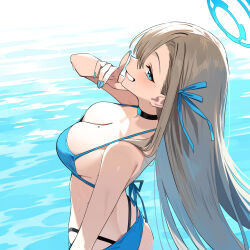Rule 34 | 1girl, alternate costume, asuna (blue archive), bare shoulders, bikini, black choker, blue archive, blue bikini, blue eyes, blue halo, blue nails, blue ribbon, blush, breasts, choker, cleavage, commentary, day, finger to mouth, fingernails, from side, hair ribbon, halo, highres, index finger raised, large breasts, long fingernails, looking at viewer, mole, mole on breast, nail polish, ribbon, shushing, sideways glance, smile, solo, swimsuit, upper body, wading, xiaoxiao de kuangsan