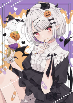 1girl :t bandaid bandaid_on_arm bandaid_on_leg black_bow black_skirt bloomers bow commentary_request demon_girl demon_tail demon_wings finger_to_mouth food food_on_face frills hair_bow hair_ornament hairclip halloween hat high-waist_skirt highres holding holding_ice_cream_cone horns ice_cream ice_cream_cone jack-o'-lantern jack-o'-lantern_hair_ornament kamachi_(kamati0maru) layered_skirt looking_at_viewer multicolored_hair original outside_border pink_eyes pointy_ears puffy_short_sleeves puffy_sleeves sheet_ghost short_sleeves skirt solo tail two_side_up underwear white_hair wings witch_hat wrist_cuffs