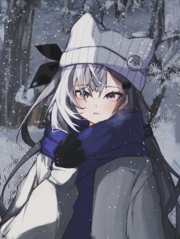 1girl absurdres alternate_costume animal_ear_headwear badge bazo_(vestia_zeta) black_gloves blue_scarf breath button_badge commentary earrings fake_animal_ears forest gloves grey_hair grey_hat grey_jacket hair_between_eyes hair_ornament hat highres hololive hololive_indonesia jacket jewelry long_hair long_sleeves looking_at_viewer nature outdoors parted_lips saltdcrmell scarf snowing solo symbol-only_commentary tree upper_body vestia_zeta virtual_youtuber