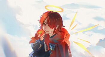 1girl :d absurdres arknights black_shirt chinese_commentary chromatic_aberration cloak commentary commentary_request detached_wings english_commentary exusiai_(arknights) exusiai_the_new_covenant_(arknights) film_grain food fruit hair_over_one_eye halo highres holding holding_food holding_fruit hood hood_down hooded_cloak looking_at_viewer minhongchen mixed-language_commentary one_eye_covered open_mouth orange_eyes red_cloak red_hair shirt short_hair smile solo traditional_halo wings yellow_halo