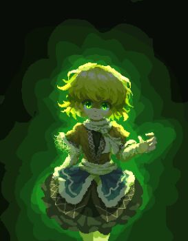 02charaice20 1girl absurdres arm_at_side arm_up backlighting black_skirt blonde_hair blue_overskirt brown_shirt commentary cowboy_shot english_commentary glowing glowing_eyes gradient_background green_background green_eyes green_theme head_tilt highres light_smile looking_at_viewer messy_hair mizuhashi_parsee open_clothes open_shirt patterned pixel_art sash scarf shaded_face shirt short_sleeves skirt solo straight-on touhou undershirt white_sash white_scarf