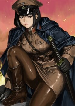 Rule 34 | 1girl, asian, belt, black eyes, black gloves, black hair, boots, breasts, brown footwear, brown headwear, brown pantyhose, brown skirt, closed mouth, coat, gloves, hat, holding, holding sword, holding weapon, jacket, jacket on shoulders, katana, leather, leather boots, lips, long sleeves, looking at viewer, military, military hat, military uniform, on one knee, pantyhose, peaked cap, sheath, sheathed, shiny clothes, short hair, skirt, solo, sword, tyokugekidato, weapon