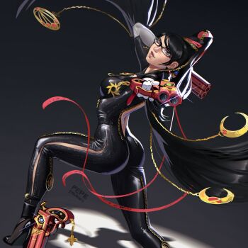 1girl ankle_gun arm_behind_head artist_name ass back_cutout bayonetta bayonetta_(series) bayonetta_1 beehive_hairdo black_bodysuit black_hair black_shoes black_theme blue_eyes bodysuit breasts clothing_cutout commentary crescent crescent_hair_ornament english_commentary gloves gradient_background grey_background gun hair_ornament high_heels highres holding holding_gun holding_weapon long_hair looking_at_viewer looking_back mole mole_under_mouth one_eye_closed pepedraws pink_lips puckered_lips quadruple_wielding shoes solo spotlight weapon white_gloves