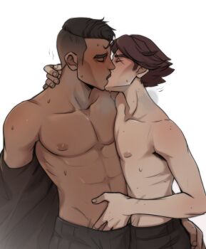 2boys arcane:_league_of_legends arcane_jayce blush brown_pants brown_shirt closed_eyes collarbone cowboy_shot from_side hand_in_another's_panties highres jayce_(league_of_legends) kiss league_of_legends male_focus multiple_boys pants profile proxysart shiny_skin shirt short_hair simple_background sweat undressing viktor_(arcane) viktor_(league_of_legends) white_background yaoi