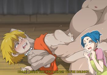 1boy 2girls age_difference animification apron blonde_hair blue_hair blurry blurry_background brown_eyes clothes_lift constricted_pupils crying cum cum_in_pussy death_tome dress dress_lift drunk english_text fat fat_man father_and_daughter hetero highres homer_simpson incest indoors jacket jewelry lisa_simpson loli marge_simpson mature_female mother_and_daughter multiple_girls necklace netorare one_eye_closed open_mouth orange_dress outline pearl_necklace purple_shirt rape sex shirt short_hair size_difference stomach_bulge tears teeth the_simpsons tongue treehouse_of_horror uroboros_(dhmv3484) white_outline wooden_floor