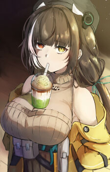 1girl absurdres bare_shoulders breasts brown_hair clothes_pull commentary_request drinking drinking_straw expressionless from_above girls'_frontline girls'_frontline_2:_exilium heterochromia highres jacket jacket_pull large_breasts long_hair looking_at_viewer looking_up multicolored_hair open_clothes open_jacket red_eyes ro635_(girls'_frontline) robella_(girls'_frontline_2) solo staring streaked_hair two-tone_hair upper_body vertical-striped_sweater very_long_hair white_hair wimawi yellow_eyes yellow_jacket