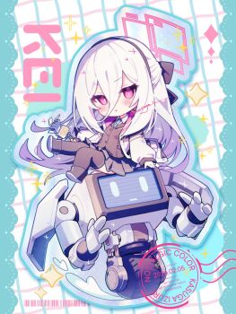 Rule 34 | 1girl, black hairband, black shoes, black skirt, black thighhighs, black vest, blue archive, blush, chibi, chibi only, commentary, dated, double-parted bangs, full body, grid background, hair between eyes, hairband, highres, jacket, kasuga haruhi, kei (blue archive), kei (new body) (blue archive), kei (robot) (blue archive), long hair, long hair between eyes, long sleeves, looking at viewer, open clothes, open jacket, open mouth, pink eyes, pleated skirt, ringed eyes, shoes, sitting, skirt, solo, thighhighs, twitter username, vest, watermark, white hair, white jacket