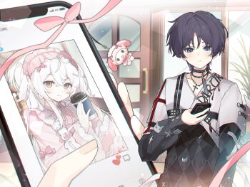 1boy 1girl alternate_costume apron artist_self-insert black_choker blue_eyes blue_hair bow cellphone cellphone_photo choker closed_mouth commission couple cross cross_necklace cup disposable_coffee_cup disposable_cup dress frilled_apron frilled_dress frilled_sleeves frills genshin_impact hair_between_eyes hayamimomo headdress highres holding holding_phone jewelry long_hair long_sleeves looking_at_viewer looking_down maid_headdress neck_ribbon necklace no_headwear oc_x_canon original outdoors phone pink_bow pink_eyes pink_ribbon ribbon scaramouche_(genshin_impact) second-party_source short_hair short_twintails sitting standing twintails wanderer_(genshin_impact) white_hair