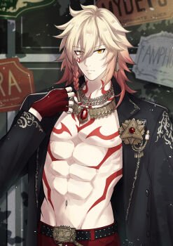 Rule 34 | 1boy, abs, absurdres, bare pectorals, belt, black belt, black jacket, blonde hair, bracelet, braid, chest tattoo, commentary, earrings, facial tattoo, fingerless gloves, gem, gloves, gold bracelet, gold earrings, gold necklace, gradient hair, highres, honkai: star rail, honkai (series), jacket, jewelry, looking at viewer, male focus, medium hair, multicolored hair, mydei (honkai: star rail), mydei (nylon japan) (honkai: star rail), necklace, official alternate costume, open clothes, open jacket, pants, pectorals, red gem, red gloves, red hair, red pants, red tattoo, regit1412, side braid, solo, tattoo, toned, toned male, yellow eyes