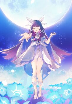 1girl absurdres aiwo_o_lite black_hair blunt_bangs closed_eyes columbina_(genshin_impact) commentary dress eye_mask facing_viewer flower full_body full_moon genshin_impact hair_ribbon head_wings highres long_hair mask moon multicolored_hair open_mouth outstretched_arm pink_hair reaching reaching_towards_viewer ribbon solo standing thigh_strap two-tone_hair very_long_hair white_dress white_ribbon white_wings wings