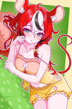 1girl absurdres animal_ears babydoll black_hair black_streaks blue_eyes braid breasts cleavage cleavage_cutout clothing_cutout commentary double-parted_bangs finn_flint frilled_shorts frills front_slit hair_between_eyes hakos_baelz hakos_baelz_(strawberry_onesie) highres hololive hololive_english jewelry large_breasts long_hair looking_at_viewer mouse_ears mouse_girl mouse_tail multicolored_hair navel necklace official_alternate_costume open_mouth polka_dot polka_dot_babydoll polka_dot_shorts red_hair short_shorts shorts side_braids solo strap_slip streaked_hair symbol-only_commentary tail virtual_youtuber white_hair yellow_babydoll yellow_shorts