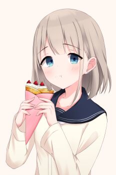Rule 34 | 1girl, :t, absurdres, black sailor collar, blue eyes, blush, brown background, brown cardigan, brown hair, cardigan, closed mouth, commentary, cream, cream on face, crepe, food, food on face, fruit, hands up, highres, holding, holding food, idolmaster, idolmaster shiny colors, long sleeves, looking at viewer, riya (01214), sailor collar, serizawa asahi, simple background, solo, strawberry, upper body