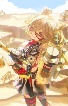 Rule 34 | 1girl, absurdres, black jacket, black skirt, black thighhighs, blonde hair, burnice white, chinese commentary, closed mouth, commentary request, cropped jacket, flamethrower, gangsi qiu nianyu jing, highres, holding, holding flamethrower, holding weapon, jacket, long hair, looking at viewer, looking over eyewear, one eye closed, red-tinted eyewear, red eyes, revision, skirt, smile, solo, sunglasses, thighhighs, tinted eyewear, twintails, weapon, zenless zone zero