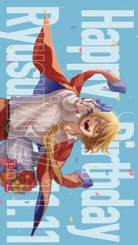 1boy blonde_hair blue_background blue_flower bouquet character_name collared_shirt confetti dr._stone flower formal_clothes happy_birthday highres holding holding_bouquet holding_phone jacket long_sleeves looking_at_viewer male_focus nanami_ryuusui necktie open_mouth pants phone red_jacket red_pants red_suit shirt short_hair sideways smile solo suit teeth tsuki_otsu white_shirt yellow_necktie