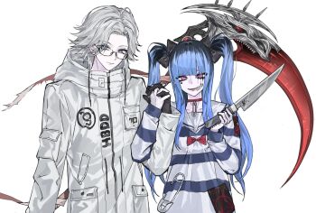 1boy 1girl amemiya_darumi aotsuki_eito black_bow black_gloves black_hair blue_hair bow breast_pocket chinese_commentary choker commentary facial_mark glasses gloves grey_hair hair_bow hao_bi74733 heart heart_facial_mark highres holding holding_behind_back holding_hands holding_knife holding_scythe holding_weapon_behind_back interlocked_fingers jacket knife long_hair looking_at_viewer makeup multicolored_hair pink_eyes pocket purple_eyes red_bow red_choker safety_pin scythe shirt short_hair simple_background sleeve_pouch smile striped_clothes striped_shirt the_hundred_line_-last_defense_academy- twintails variant_set white_background white_jacket