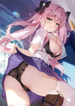 1girl ass black_bra black_panties blue_skirt blush bottle bra breasts breasts_out brown_shoes classroom clothes_lift commentary_request finger_to_mouth grey_eyes grin hair_ribbon index_finger_raised large_breasts lifting_own_clothes loafers long_hair looking_at_viewer miyase_mahiro nipples open_clothes original panties pink_hair pleated_skirt ribbon school_uniform seat seductive_smile shirt shoes short_sleeves skirt skirt_lift smile solo standing thighhighs thighs train_interior underwear water_bottle white_shirt