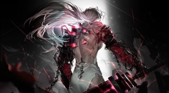 1girl absurdres arm_armor armor back backless_bodysuit bare_back blood_on_back bodysuit canister chain chinese_commentary colored_skin commentary cowboy_shot cracked_skin cuts from_behind glowing glowing_skin glowing_weapon highres huge_weapon huming0929 injury leather_armor light_particles long_hair mechabare muscular muscular_female ninety-nine_(path_to_nowhere) official_alternate_costume path_to_nowhere rebar rubble ruins scar scar_on_back shoulder_tattoo solo spiked_chain spotlight sword tattoo torn_bodysuit torn_clothes weapon white_bodysuit white_hair