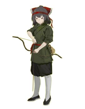1girl absurdres alternate_costume arrow_(projectile) bow bow_(weapon) brown_hair chinese_commentary closed_eyes closed_mouth clothing_request commentary_request drawing_bow frilled_bow frills full_body hair_bow hakurei_reimu highres holding holding_arrow holding_bow_(weapon) holding_weapon jin_jin_jin_jin medium_hair pantyhose red_bow solo sweatdrop touhou weapon white_pantyhose