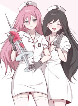 Rule 34 | 2girls, \||/, absurdres, alternate costume, aubrey (faraway) (omori), aubrey (omori), black gloves, black hair, blue eyes, blush, closed eyes, closed mouth, collarbone, garter straps, gloves, hair behind ear, hat, highres, holding, holding syringe, long hair, looking at viewer, mari (faraway) (omori), mari (omori), multiple girls, nurse, nurse cap, omori, open mouth, oversized object, own hands together, pink hair, rubber gloves, short sleeves, simple background, smile, syringe, teeth, thighhighs, tongue, upper teeth only, white background, white thighhighs, wktdms1