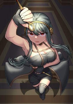 1girl absurdres arm_up bare_shoulders black_dress black_gloves black_hair black_thighhighs breasts cleavage commentary dagger dress dual_wielding fingerless_gloves from_above gloves gold_hairband hairband highres holding holding_weapon knife large_breasts looking_up okayusonmu red_eyes reverse_grip shadow sidelocks solo spy_x_family standing stiletto_(weapon) thighhighs weapon yor_briar