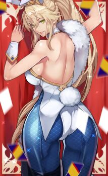 1girl absurdres animal_ears arm_up artoria_pendragon_(fate) artoria_pendragon_(swimsuit_ruler)_(fate) artoria_pendragon_(swimsuit_ruler)_(first_ascension)_(fate) bare_shoulders bareback blonde_hair blue_pantyhose braid breasts card fake_animal_ears fate/grand_order fate_(series) feather_boa female_focus fishnets green_eyes hair_between_eyes highres large_breasts long_hair looking_at_viewer looking_back pantyhose parted_lips playboy_bunny playing_card ponytail rabbit_ears rabbit_tail sideboob sidelocks solo tail wrist_cuffs yoshio_(55level)