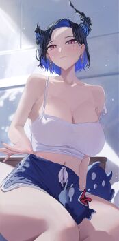 Rule 34 | 1girl, absurdres, alternate costume, alternate hair length, alternate hairstyle, asymmetrical horns, between thighs, black hair, black horns, blue hair, blue shorts, breasts, camisole, cleavage, closed mouth, colored inner hair, commentary, dolphin shorts, earrings, english commentary, highres, hololive, hololive english, horns, indoors, jailbird (nerissa ravencroft), jewelry, large breasts, multicolored hair, navel, nerissa ravencroft, pink eyes, short hair, short shorts, shorts, slit pupils, tongue, tongue out, virtual youtuber, white camisole, yoellim5