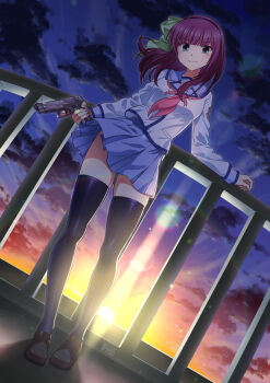 >:) 1girl absurdres angel_beats! aqua_eyes arm_at_side backlighting beretta_92 black_hairband black_shoes black_thighhighs blue_skirt blunt_bangs blush bow closed_mouth cloud commentary dutch_angle floating_hair full_body girugiru_(tektonics6588) green_bow gun hair_bow hairband handgun highres holding holding_gun holding_weapon lens_flare loafers long_sleeves looking_at_viewer medium_hair miniskirt nakamura_yuri neckerchief outdoors pink_neckerchief pleated_skirt purple_hair railing shinda_sekai_sensen_uniform shirt shoes skirt sky smile solo standing sun sunlight sunrise thighhighs thighs twitter_username upskirt v-shaped_eyebrows weapon white_shirt zettai_ryouiki