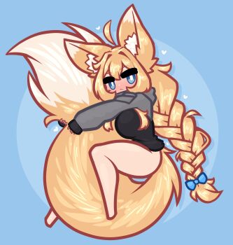 absurdres animal_ear_fluff animal_ears black_hoodie blue_eyes braid commentary english_commentary fox_ears fox_tail hair_tie highres hood hoodie hugging_own_tail hugging_tail indie_virtual_youtuber large_ears large_tail limebreaker long_hair single_braid tail thick_eyebrows whiskey_project