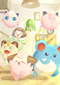 1girl absurdres blue_eyes bob_cut brown_hair cleffa closed_eyes colored_skin commentary_request ditto dress fangs gardevoir gen_1_pokemon gen_2_pokemon gen_3_pokemon green_hair green_hoodie green_skin hide_and_seek highres hood hoodie indoors jigglypuff marill meowth multicolored_skin nintendo open_mouth pink_skin piyokonoenikki_04 pokemon pokemon_(creature) transformed_ditto two-tone_skin watermark white_dress white_skin