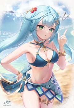 1girl :o alternate_costume aqua_bikini aqua_hair aqua_nails aqua_pupils arm_up beach bikini bracelet breasts cleavage cloud collarbone commentary_request cowboy_shot cowlick criss-cross_halter day faruzan_(genshin_impact) fingernails genshin_impact green_eyes halterneck hand_on_own_hip highres jewelry light_blush long_hair looking_at_viewer making-of_available medium_breasts nail_polish outdoors revision signature skirt_cutout sky solasuna solo stomach swimsuit symbol-shaped_pupils thighlet triangle-shaped_pupils twintails very_long_hair wet