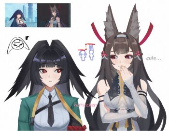 2girls alternate_species animal_ear_fluff animal_ears aqua_jacket arm_out_of_sleeve artist_name bare_shoulders black_hair black_necktie breasts brown_hair china_dress chinese_clothes closed_mouth clover clover_hair_ornament commentary covering_own_mouth dress droopy_ears english_commentary english_text fox_ears fox_girl game_screenshot_inset hair_ornament hairband hertiacheri hoshimi_miyabi jacket long_hair looking_at_another medium_breasts multiple_girls necktie parted_lips red_eyes reference_inset see-through_clothes shirt simple_background upper_body white_background white_dress white_hairband white_shirt ye_shunguang zenless_zone_zero