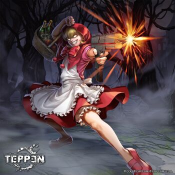 apple apron b.b._hood basket blonde_hair bottle branch capcom darkstalkers darkstalkers_3 dead_tree dress explosive explosive_weapon firing fog food forest fragmentation_grenade fruit grenade gun hand_grenade hinata_gureko hood mk_2_grenade muzzle_flash nature night official_art plant ribbon skirt submachine_gun teppen tree uzi vines weapon wine_bottle