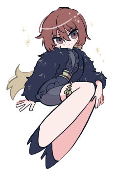 1girl aketa_mikoto black_jacket black_shoes blonde_hair bodysuit brown_eyes brown_hair closed_mouth commentary_request full_body fur_jacket gel_p gradient_hair high_heels highres idolmaster idolmaster_shiny_colors jacket legs long_hair long_sleeves multicolored_hair panty_&amp;_stocking_with_garterbelt_(style) parody shoes simple_background sitting solo style_parody thighhighs white_background