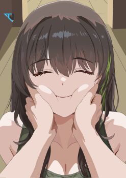 1girl breasts brown_hair cleavage closed_eyes closed_mouth commentary english_commentary girls&#039;_frontline grabbing_another&#039;s_face green_hair green_tank_top head_grab highres kuro_ten7 m4a1_(girls&#039;_frontline) multicolored_hair pov pov_hands smile streaked_hair tank_top upper_body